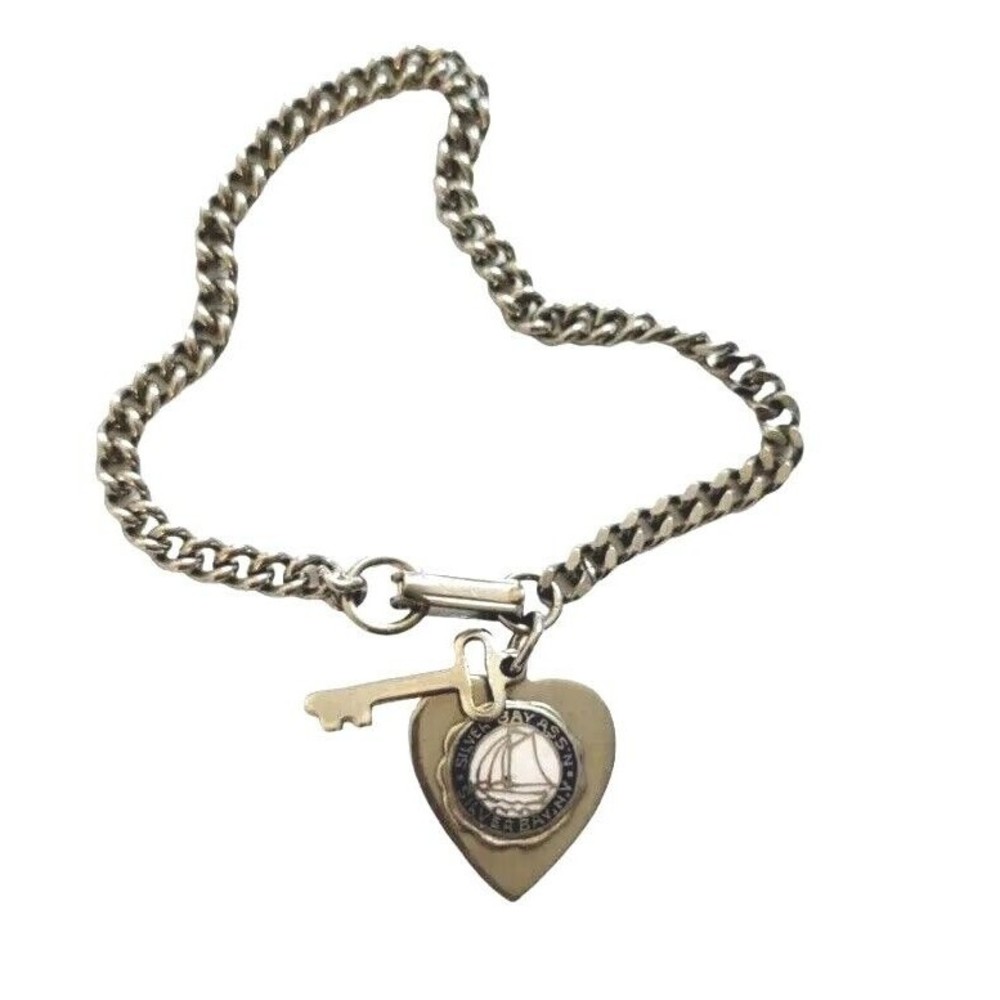 Silver Bay Assn Silver Bay New York Embossed Heart & Key Sailboat Charm Bracelet
